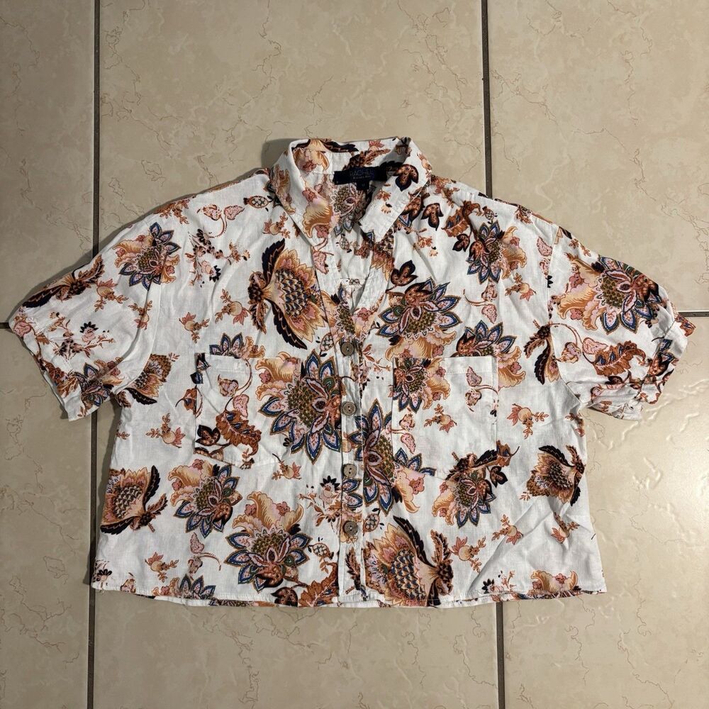 Rachel Roy Bohemian Linen Blend Cropped Button Up Blouse Short Sleeve Sz Medium